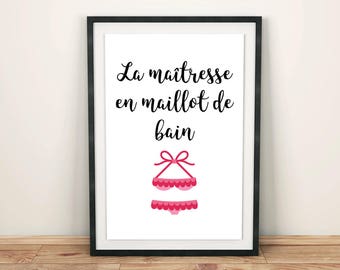 La maitresse en maillot de bain Printable wall art poster home decor, digital print fun french saying quote with swimsuit, instant download