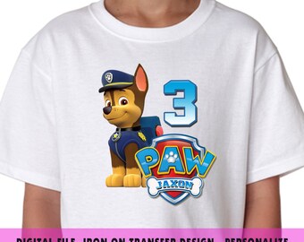 Paw Patrol Iron On Transfer , Chase Iron On Transfer Design For Birthday Shirt , Digital File ,Personalize Name and Age , Iron On Transfer