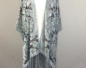 Grey floral burnout velvet fringe tassel handmade kimono jacket One SIze fits all