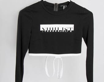 Thrifted Size - S Nihilist Typography Screen-Printed Cropped Long-Sleeve Knit Shirt Badass Black and White Edgy Streetwear College wear