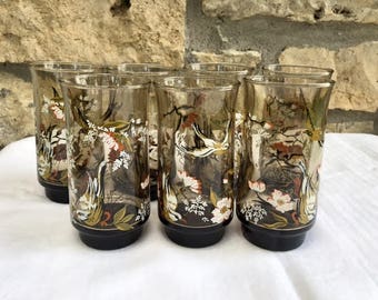 Set of 7 - Vintage Smoked Amber Bird Floral Yvette 10 oz Drinking Glasses