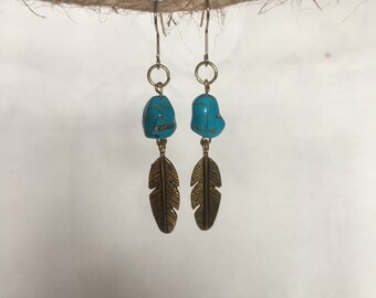 turquoise earrings, feather earrings, gold feather earrings, turquoise stone, western jewelry, country jewelry, gold jewelry, gifts for her