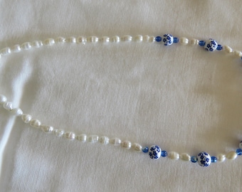 Blue ceramic bead necklace with fresh water pearls