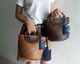 Straw Bag Pom Pom, Top Handles Bag Thai Weaving Seagrass (Krajood) Rattan Handles