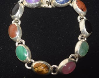 Vintage Sterling Silver Mexican Multi-Stone Bracelet
