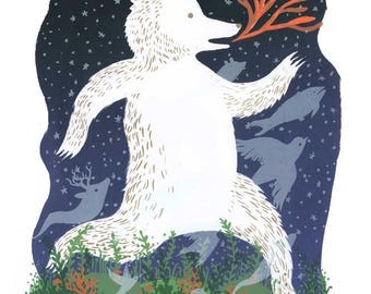 Pacific Northwest Kermode Bear and Coral Screenprint - Limited Edition