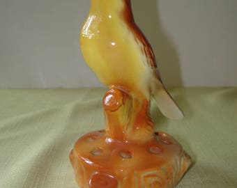 Vintage Pottery Flower Frog Yellow Breasted Song Bird w Brown Shaded Feathers on Back He is Standing on Tree Limb w 6 openings for Flowers