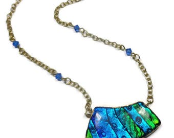 Modern Statement Necklace- polymer clay Jewelry Blue Swarovski Necklace- Faux Dichroic Necklace Gifts for Her Birthday