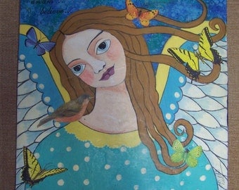 Angel Painting Mixed Media Original, encaustic by The Artist 16" x 16" FREE SHIPPING