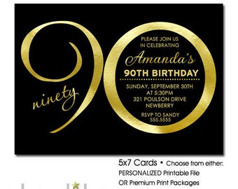 90th Birthday Invitation | Black and Gold Birthday Invitation ANY AGE Ending in ZERO | Printable 90th Birthday Invitation | Printed Invites