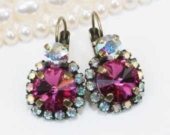 Fuchsia Pink Crystal Earrings Swarovski Drop Magenta Bridal Earrings Bridesmaids Gift AB Halo Earrings Fuchsia wedding,Brass,Fuchsia,BE102