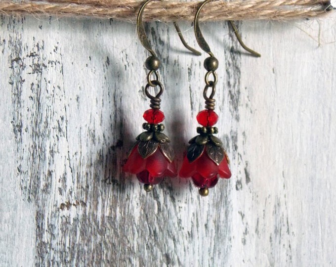 Red Flower Earrings Simple Dangle Tiny Red Tulip Flower Earrings Boho Earrings Small Earrings Jewelry