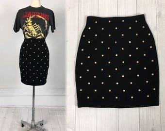 Vintage 80s Punk Gold STUDDED SKIRT black with metal pyramid studs size S by Outlander wool blend