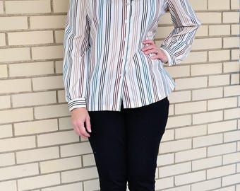 80s pussybow blouse, 1980s secretary blouse, vintage librarian blouse, tie neck top large, high neck shirt