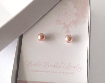 real Pearl Studs, pink pearl Earrings, classic wedding earrings, pearls for the bride, 8mm pearls, pink pearl studs, pearl free shipping