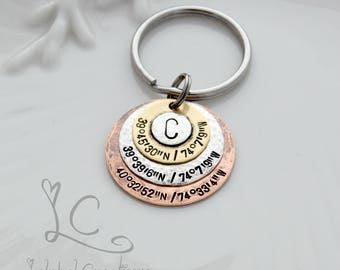 Mixed Metals Personalized Coordinates Key Chain, Latitude Longitude Keychain, Custom Coordinates, GPS Coordinates Gift, Personalized Jewelry