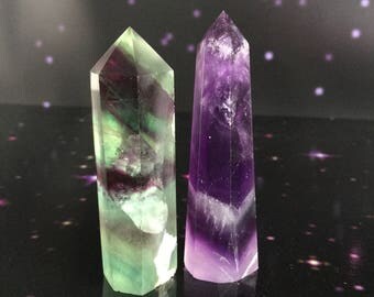 Amethyst and Fluorite crystal point, 2" Gemstone SET OF TWO, obelisk, tower, altar, reiki wiccan
