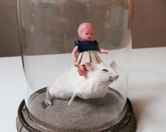 Yeehaw! Anthropomorphic taxidermy mouse with doll rider
