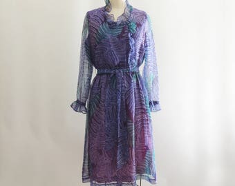1970 Fern Print Blue and Purple Leaf Print Dress by Martha McLean // Ruffle Chiffon Dress // Leaf Patter Dress // Size Small Medium