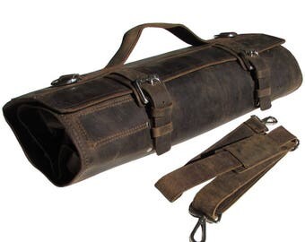 Leather Knife Roll with Fasteners, Leather Chefs Bag, Knife Case, Chef Bag, Knife Bag, Chef's Roll - Tuareg X - Silver Buckle KR1b