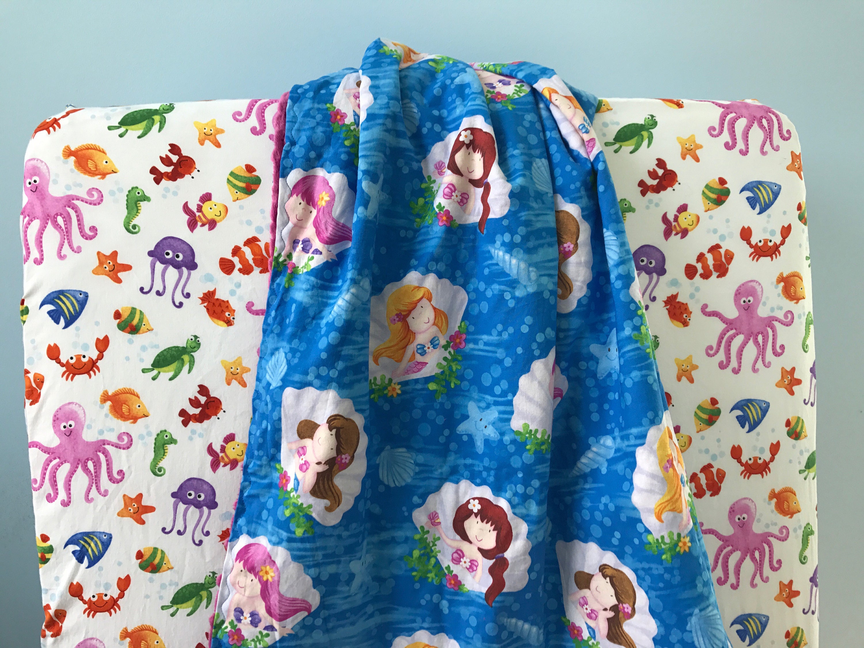 Mermaid Bedding Set Crib Sheet and Minky Blanket Little