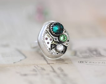 Sterling Silver Steampunk Ring Custom Made Mothers Ring Size 4 5 6 7 8 9 10 11 Steampunk Jewelry Emerald Birthstone Ring Watch Ring Unique