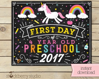 Unicorn First Day of 4 Year Old Preschool Sign - Girl First Day of Pre-school - First Day of School Sign Printable - Instant Download