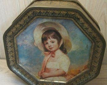 Octagon Tin Metal Box Little Boy With Dog Little Girl Wearing Bonnet 2 Sided Tin Sunshine Biscuit Inc 1970