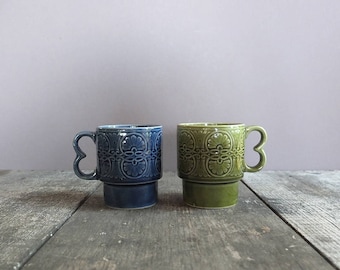 Vintage Japanese Coffee Mugs - Set of 2 / Vintage Coffee Cups / Green & Blue Japanese Mugs