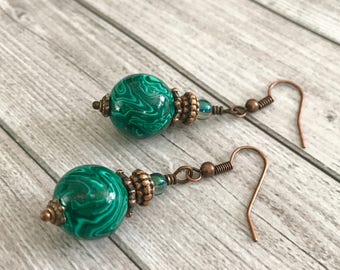 Green malachite copper earrings - Tribal Gypsy earrings - Bohemian boho Earrings - white green dangles earrings - Unique Gift