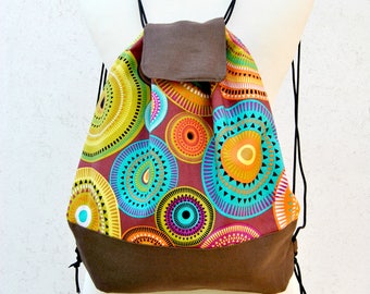 Drawstring Backpack Canvas. Ethnic Mandala Fabric purse, Zipper Pocket, Snap button, adjoustable strings. Unique fall gift accessories