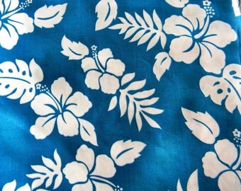 NEW!!! Hawaiian Print Rich Medium Blue with White Hibiscus Flowers