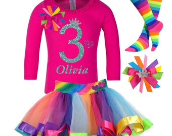 3rd Birthday Outfit  Girls Birthday Outfit Rainbow Birthday Party Rainbow Tutu Set Birthday Hair Bow Rainbow Socks Personalized Name 3