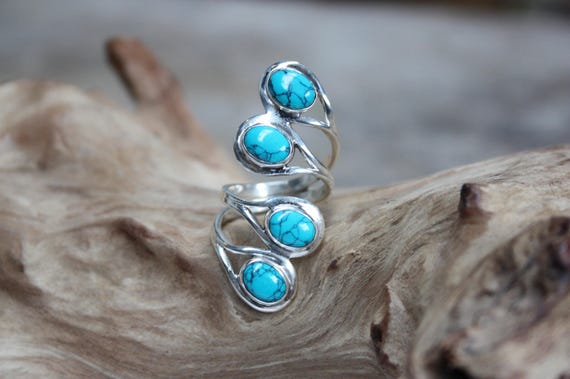 4 Stone Turquoise Ring- ADJUSTABLE -925 Sterling Silver Ring- Statement Ring- Healing Crystal- Crystal Jewellery- Navajo- Gift- Vintage Ring