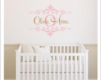 Vinyl Wall Decal Personalized Nursery Bedroom Wall Decal Girls Baby girl Bedroom Nursery Wall Decal Vinyl Wall Decals Elegant Scroll Decal