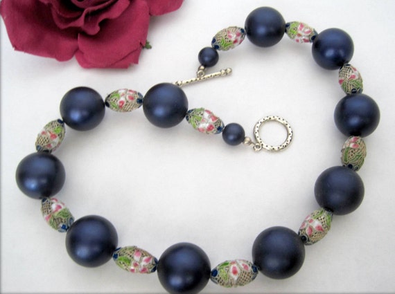 Blue Bead Necklace - Cloisonne Spacers - Navy Blue Lucite Beads