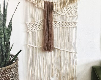X-LG Macrame Wall Hanging with Rose and Natural Fringe | Fiber Arts | Macrame Decor