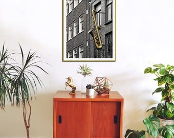 Saxophone Art, Music Print, Jazz Art, Black and White, Amsterdam Photography, Street Art, Architecture, Travel Print, Music Home Decor