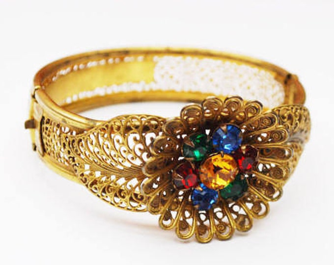 Art Deco Nouveau Gold Filigree Flower Bracelet - colorful Rhinestone - gold plated open work - Sliding Hinged Bangle