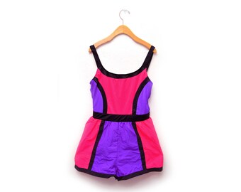 80s Neon Swim Romper One Piece Bathing Suit Swimwear Purple Women's 14