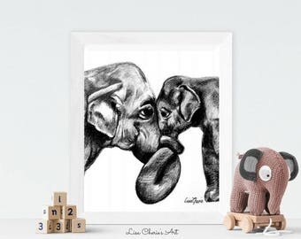 Mother and Baby Elephant Print, mummy and baby elephant art, nursery prints, animal nursery, elephants artwork, animal prints, cute art