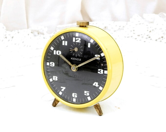 Working Vintage Mid Century Yellow and Black Mechanical Wind-Up Alarm Clock Made in Germany by Kienzle, Retro 1960s Bed Side Clock