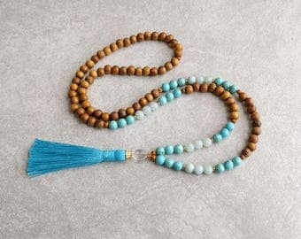 The AQUARIUS Mala - Amazonite & Turquoise Howlite with Quartz Crystal / Natural Wood - Blue Tassel - Item # 711