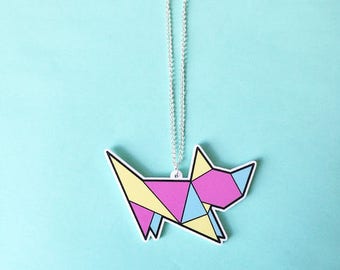 Colourful origami cat necklace, geometric necklace, origami necklace, cute cat necklace, origami jewellery, cat jewellery, girls necklace