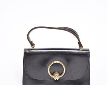 Vintage Black Leather 1960's Mini Handbag with Gold Clasp