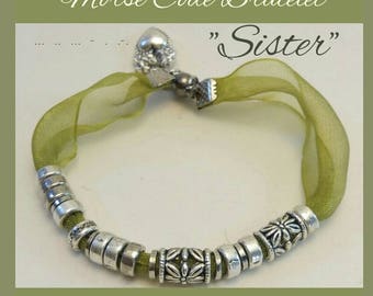 Sister Christmas gift, Morse code bracelet , organza bracelet, silver, tibetan beads, green bracelet, gift for sister, sister jewellery,