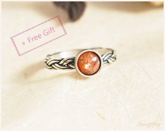 Sunstone Ring, Good luck ring, Meaningful ring, Orange ring, Everyday ring, Braided ring, Unique Silver ring, Unique gemstone ring