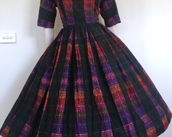 RESERVED Lovely 50s Rainbow Floral Cotton Party Dress / Large