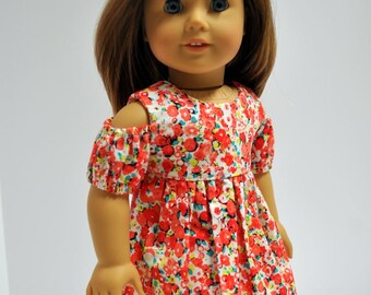 18 Inch Doll Clothes Pink Red Coral Floral Print Open Cold Shoulder Dress made to fit American girl doll clothes
