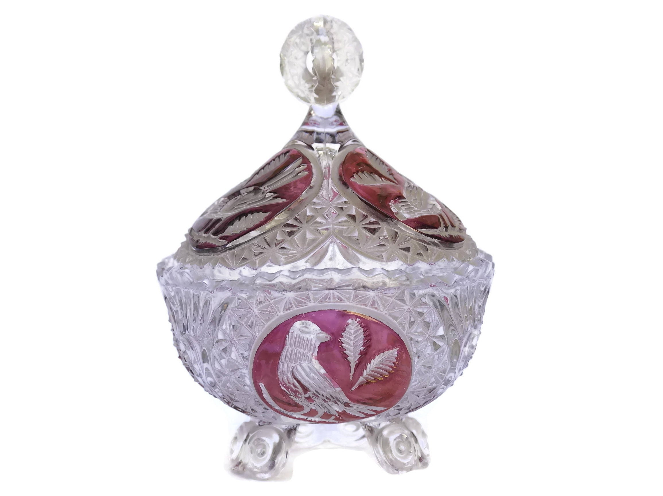 Vintage Hofbauer Crystal Byrde Candy Dish with Red Birds. Crystal